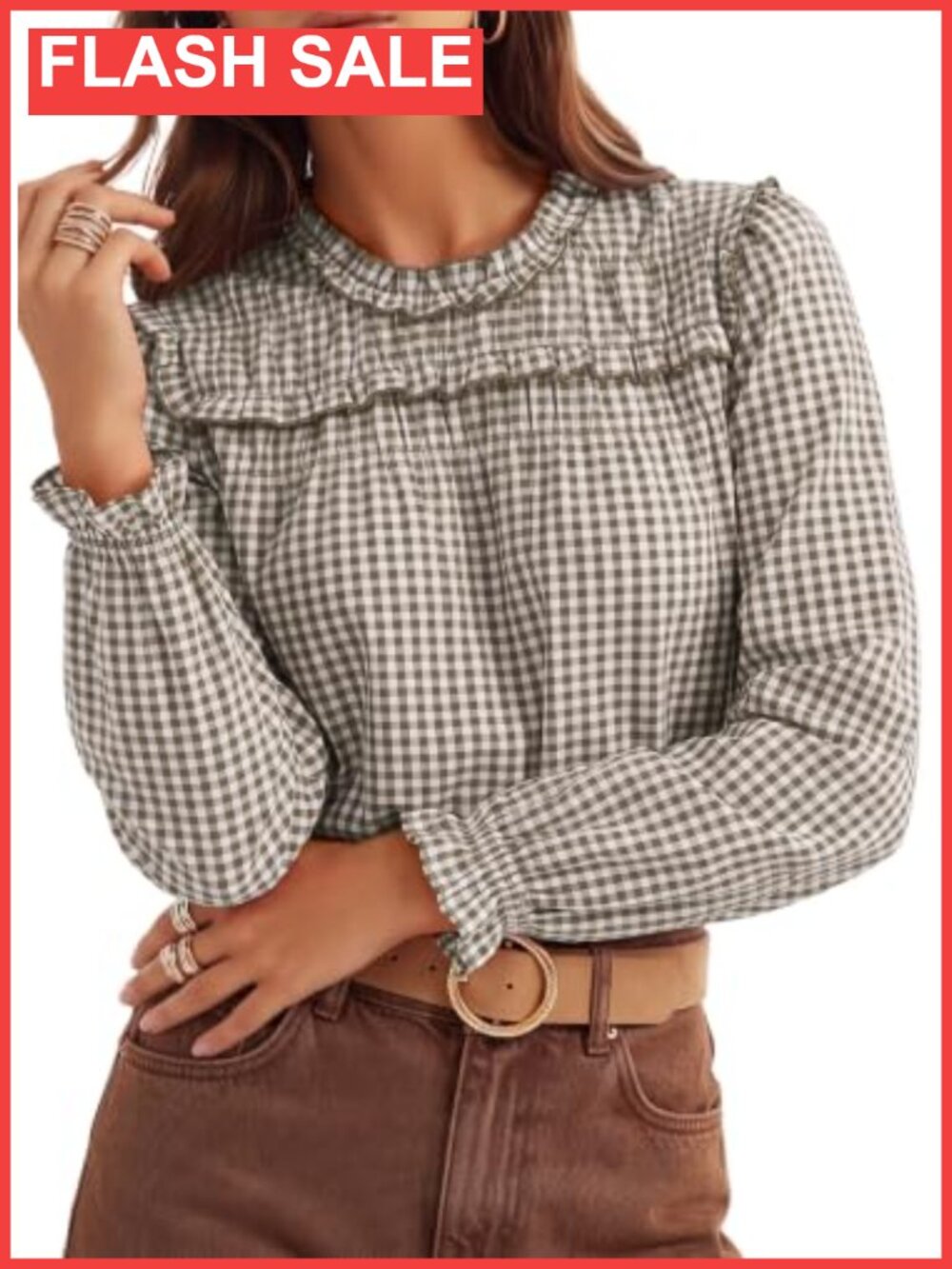 Dokotoo Cotton Gingham Long Sleeve Babydoll Blouse Ruffle Smocked Top